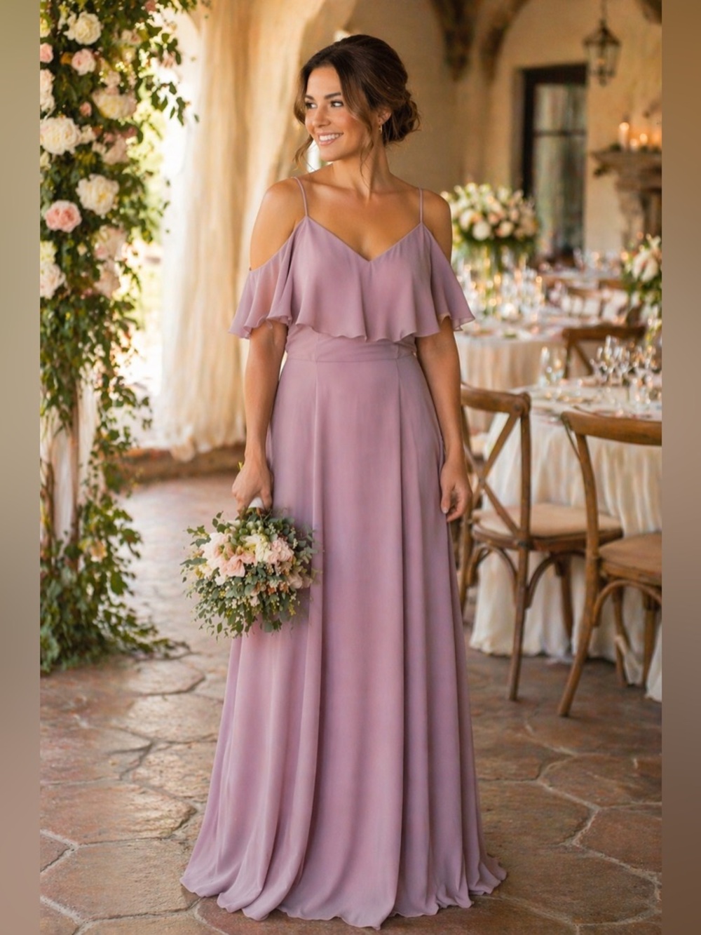 Morilee Women's Dusty Mauve Ruffle Flutter Cold Shoulder Sleeves Maxi Dress 12